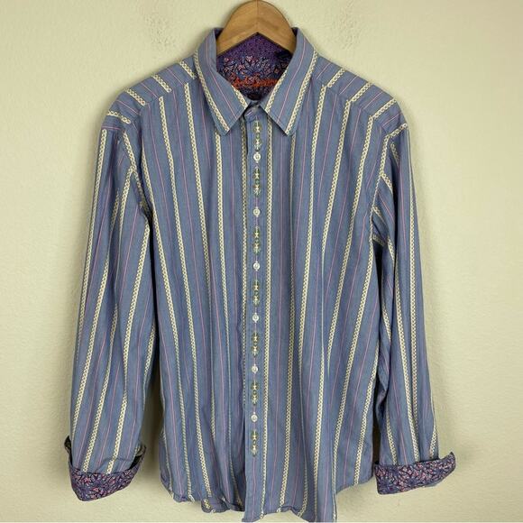 Robert Graham Blue Stripe Floral Flip Cuff Button Down Shirt XL - Picture 1 of 8